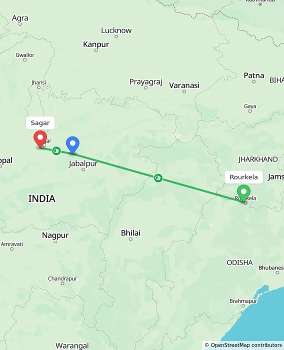 Route map showing distance and travel time from Rourkela, India to Sagar, India