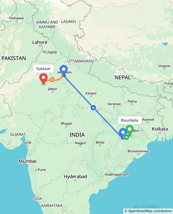 Route map showing distance and travel time from Rourkela, India to Salasar, India