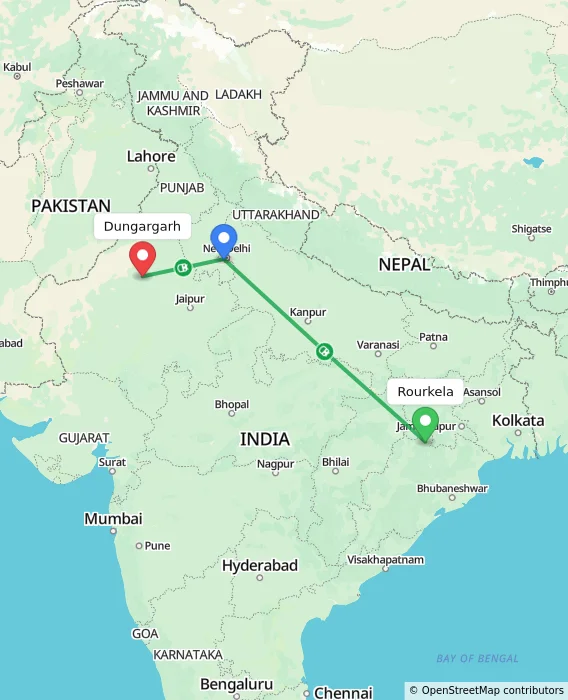 Route map showing distance and travel time from Rourkela, India to Dungargarh, India