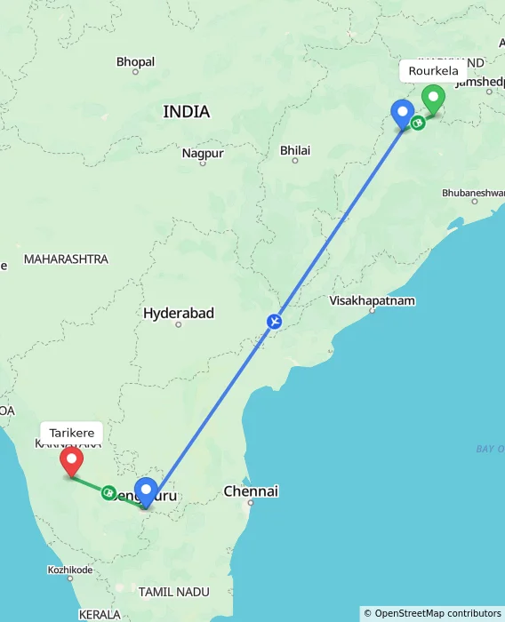 Route map showing distance and travel time from Rourkela, India to Tarikere, India