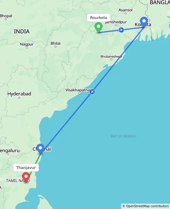 Route map showing distance and travel time from Rourkela, India to Thanjavur, India
