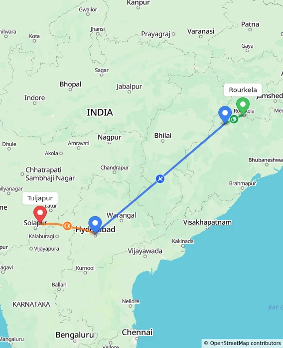 Route map showing distance and travel time from Rourkela, India to Tuljapur, India