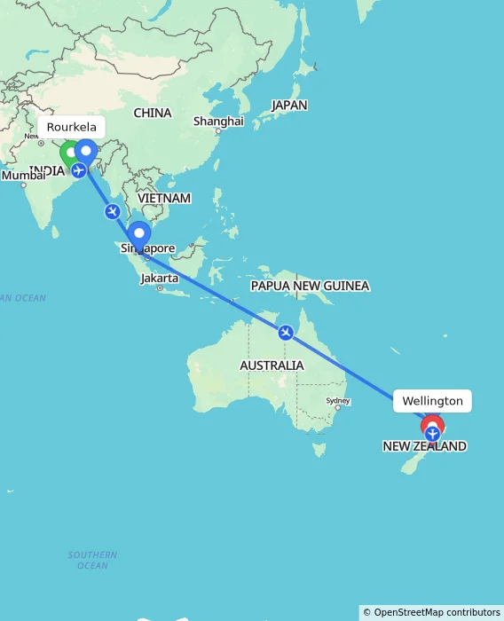 Route map showing distance and travel time from Rourkela, India to Wellington, New Zealand