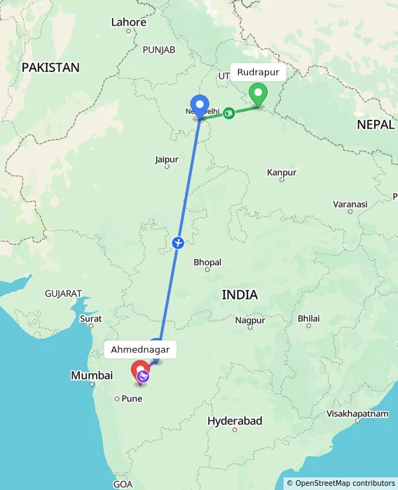 Route map showing distance and travel time from Rudrapur, India to Ahmednagar, India