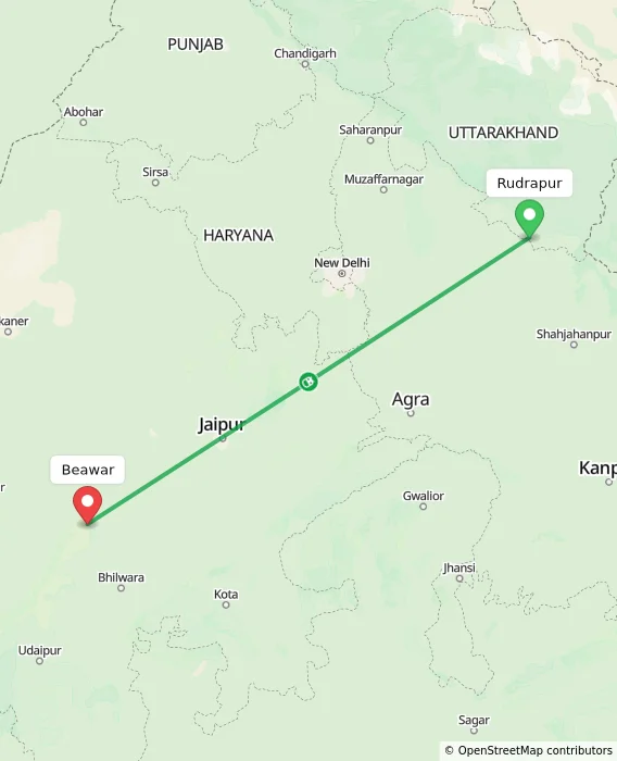 Route map showing distance and travel time from Rudrapur, India to Beawar, India