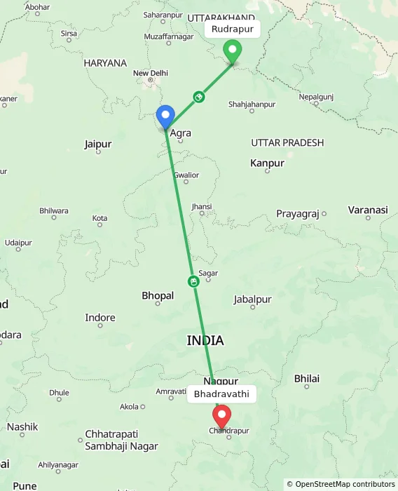 Route map showing distance and travel time from Rudrapur, India to Bhadravathi, India
