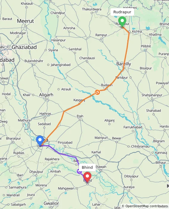 Route map showing distance and travel time from Rudrapur, India to Bhind, India