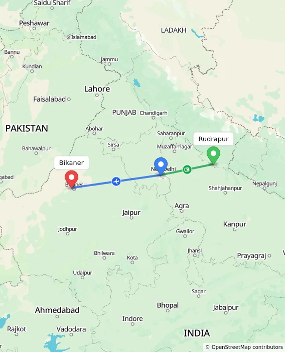 Route map showing distance and travel time from Rudrapur, India to Bikaner, India