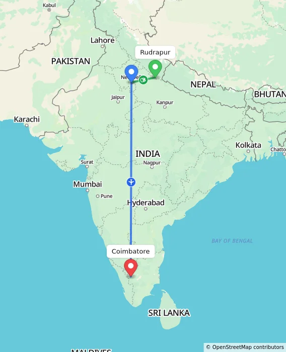 Route map showing distance and travel time from Rudrapur, India to Coimbatore, India