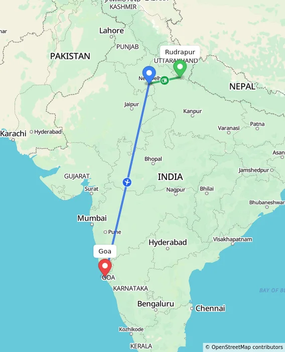 Route map showing distance and travel time from Rudrapur, India to Goa, India