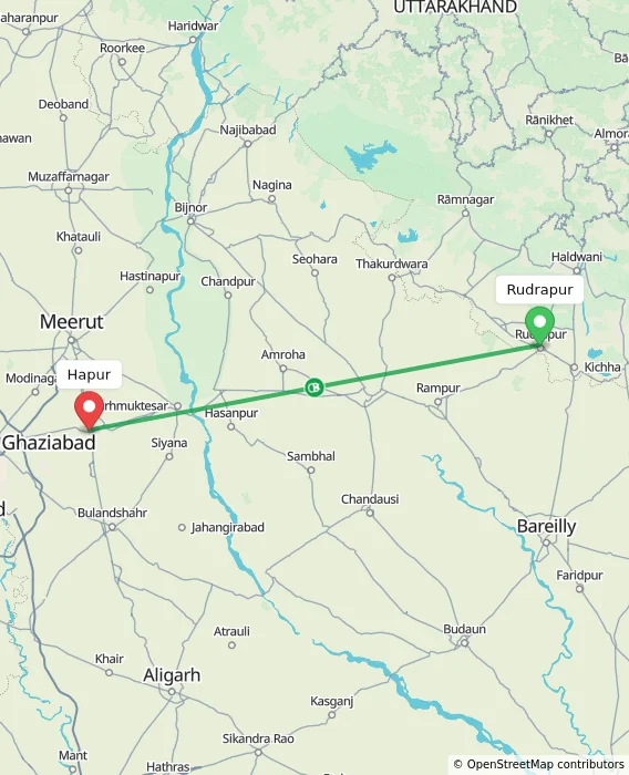 Route map showing distance and travel time from Rudrapur, India to Hapur, India