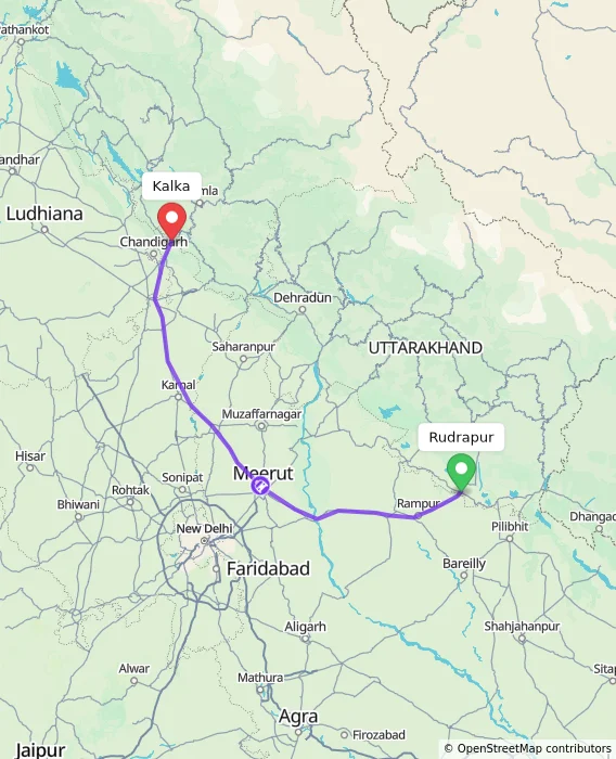 Route map showing distance and travel time from Rudrapur, India to Kalka, India