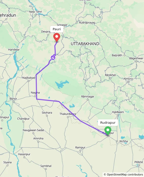Route map showing distance and travel time from Rudrapur, India to Pauri, India
