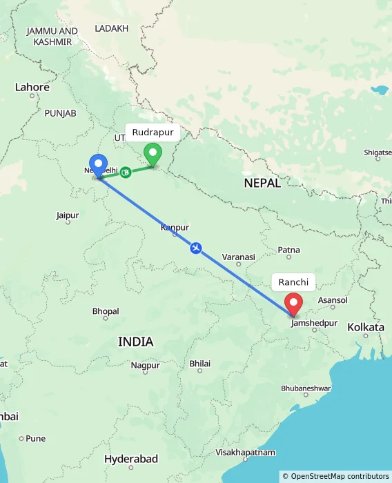 Route map showing distance and travel time from Rudrapur, India to Ranchi, India