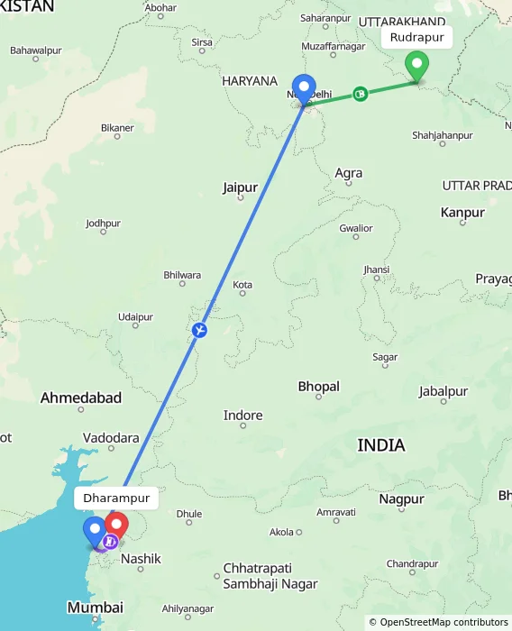 Route map showing distance and travel time from Rudrapur, India to Dharampur, India