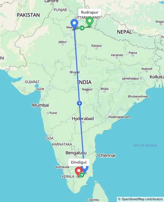 Route map showing distance and travel time from Rudrapur, India to Dindigul, India