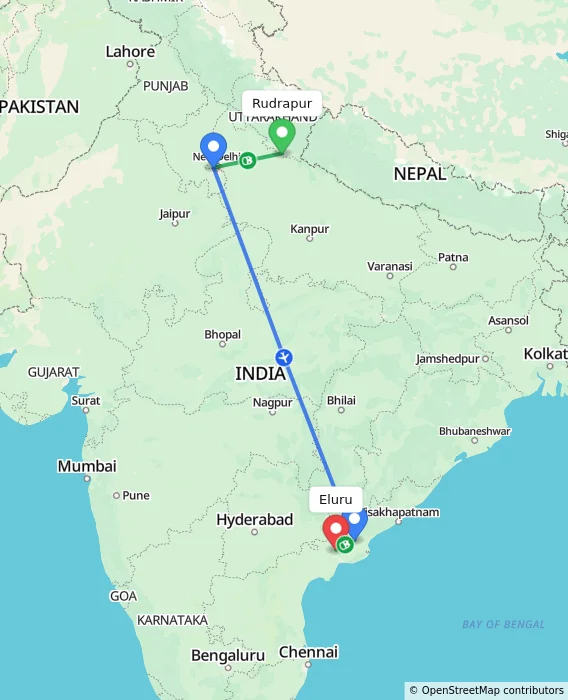 Route map showing distance and travel time from Rudrapur, India to Eluru, India