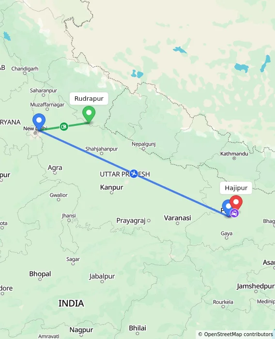 Route map showing distance and travel time from Rudrapur, India to Hajipur, India