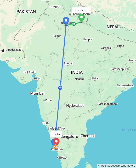 Route map showing distance and travel time from Rudrapur, India to Iritty, India