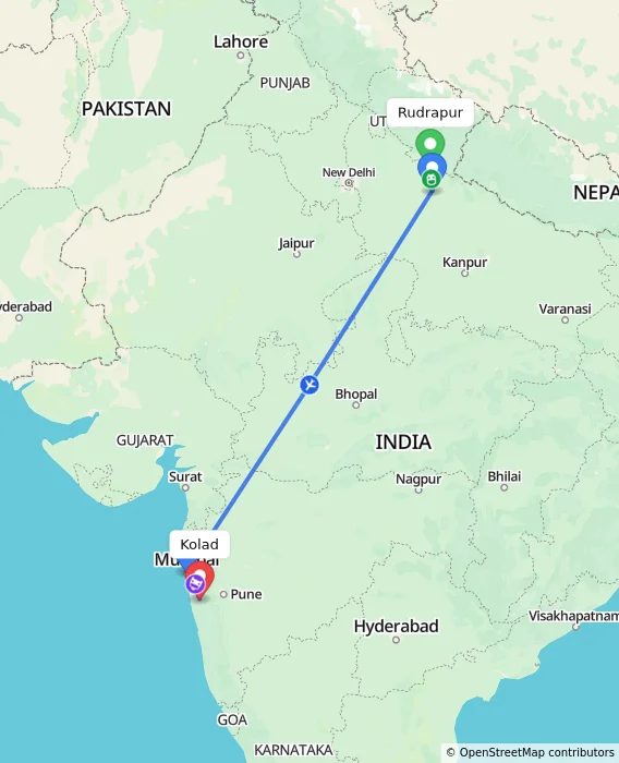 Route map showing distance and travel time from Rudrapur, India to Kolad, India