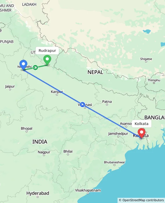 Route map showing distance and travel time from Rudrapur, India to Kolkata, India