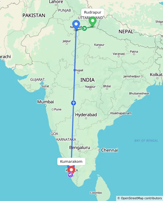 Route map showing distance and travel time from Rudrapur, India to Kumarakom, India
