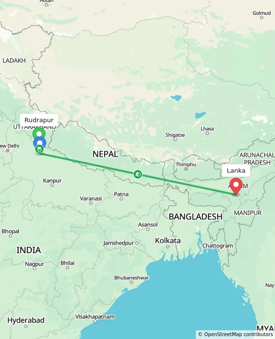 Route map showing distance and travel time from Rudrapur, India to Lanka, India