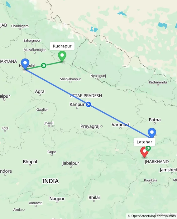 Route map showing distance and travel time from Rudrapur, India to Latehar, India
