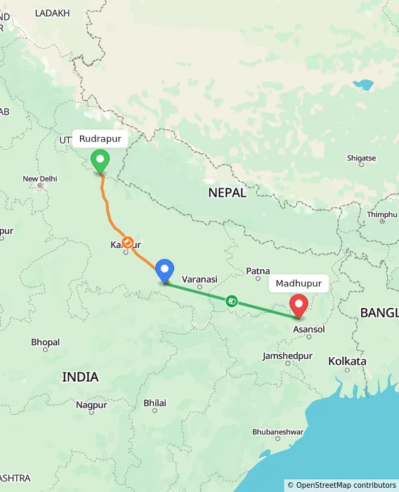 Route map showing distance and travel time from Rudrapur, India to Madhupur, India