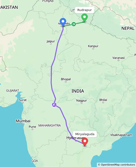 Route map showing distance and travel time from Rudrapur, India to Miryalaguda, India
