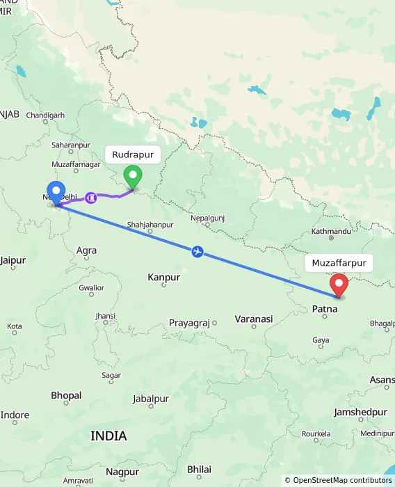Route map showing distance and travel time from Rudrapur, India to Muzaffarpur, India
