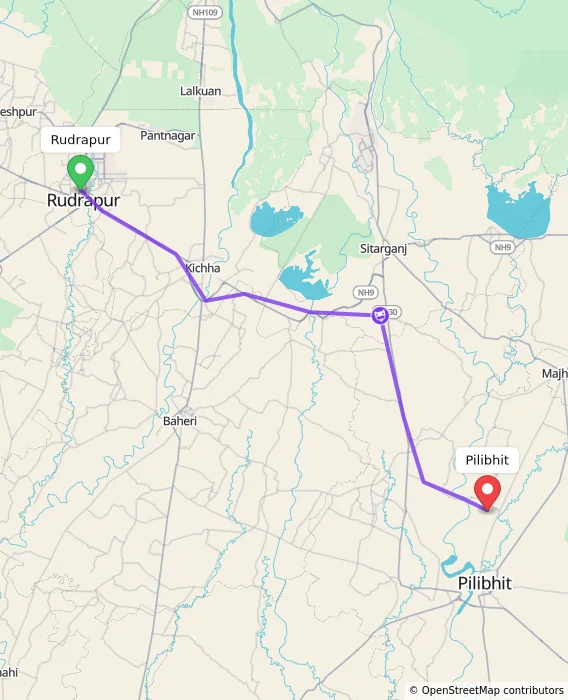 Route map showing distance and travel time from Rudrapur, India to Pilibhit, India