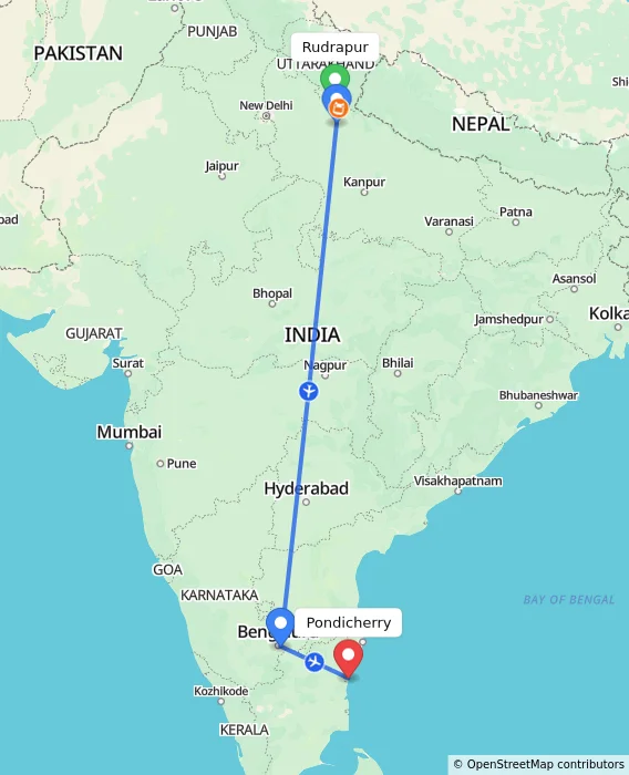 Route map showing distance and travel time from Rudrapur, India to Pondicherry, India