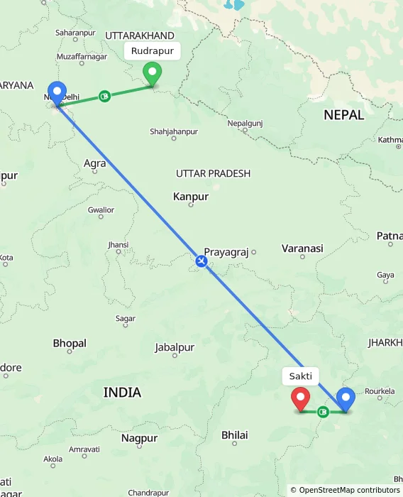 Route map showing distance and travel time from Rudrapur, India to Sakti, India