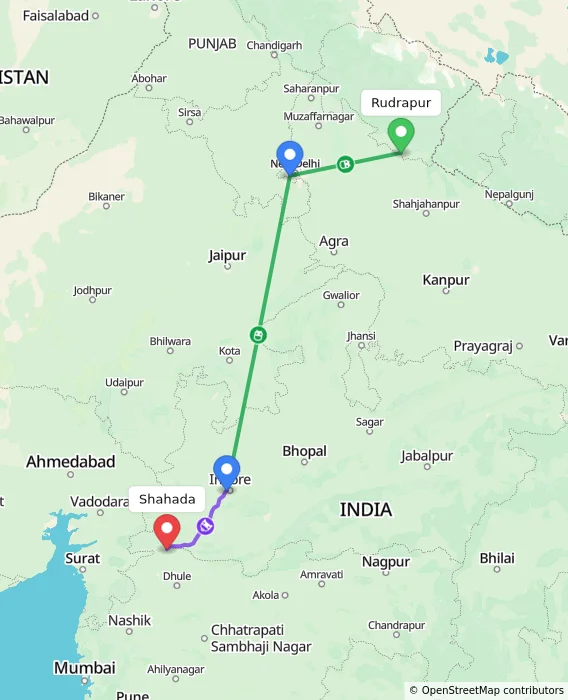 Route map showing distance and travel time from Rudrapur, India to Shahada, India
