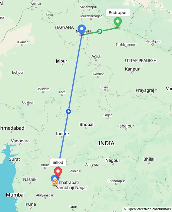 Route map showing distance and travel time from Rudrapur, India to Sillod, India