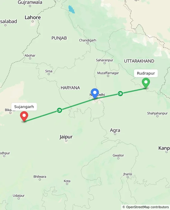 Route map showing distance and travel time from Rudrapur, India to Sujangarh, India