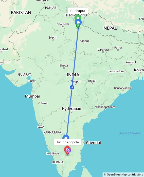 Route map showing distance and travel time from Rudrapur, India to Tiruchengode, India