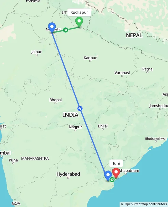 Route map showing distance and travel time from Rudrapur, India to Tuni, India