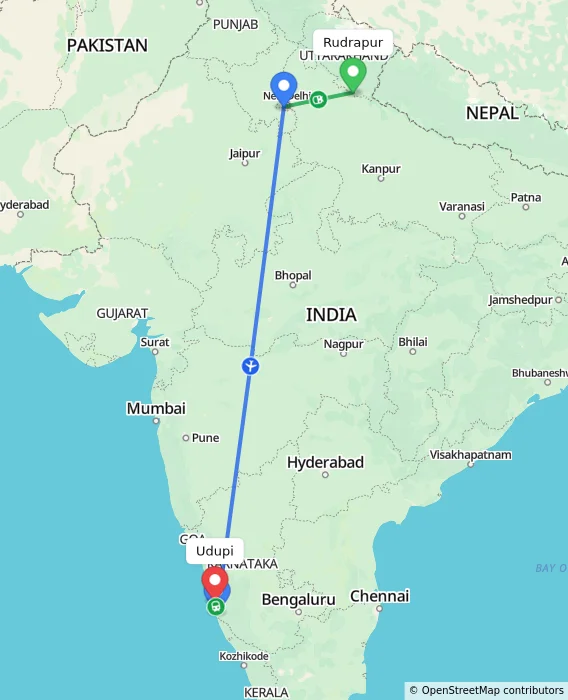 Route map showing distance and travel time from Rudrapur, India to Udupi, India