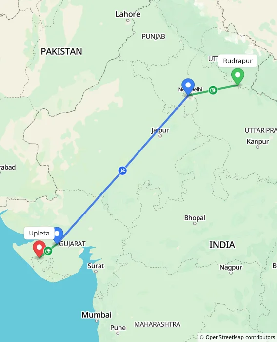 Route map showing distance and travel time from Rudrapur, India to Upleta, India