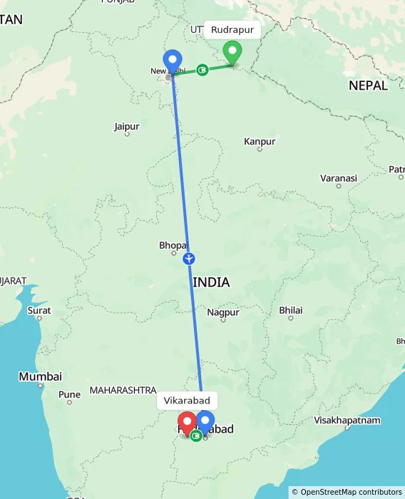Route map showing distance and travel time from Rudrapur, India to Vikarabad, India