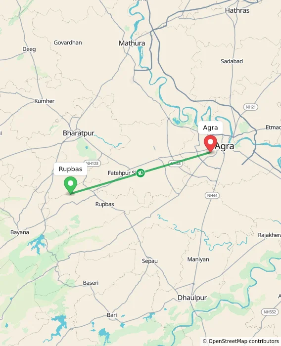 Route map showing distance and travel time from Rupbas, India to Agra, India