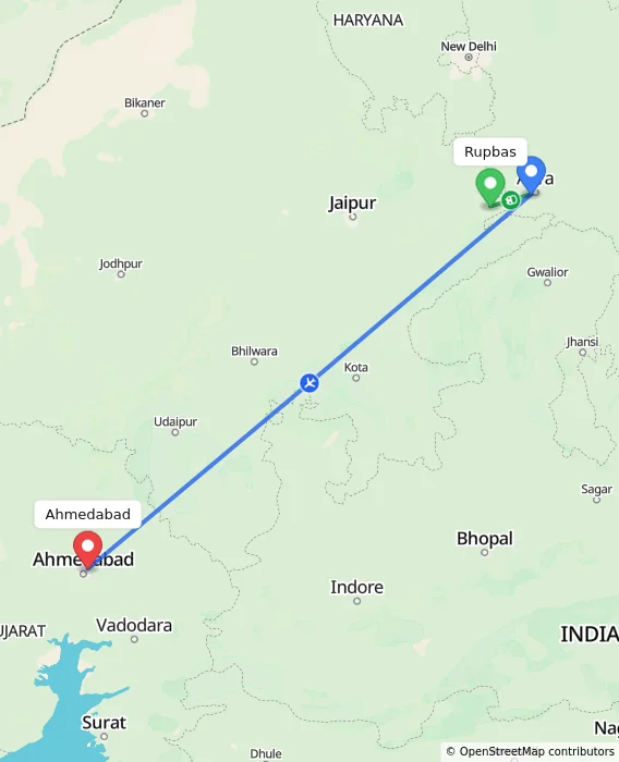 Route map showing distance and travel time from Rupbas, India to Ahmedabad, India