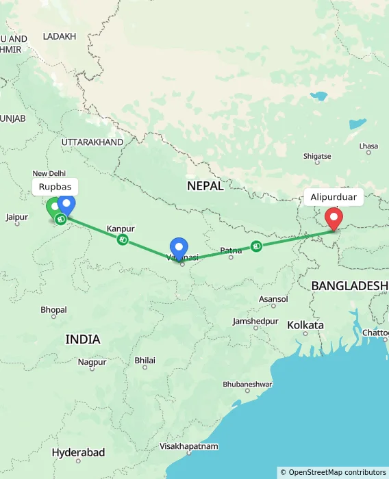 Route map showing distance and travel time from Rupbas, India to Alipurduar, India