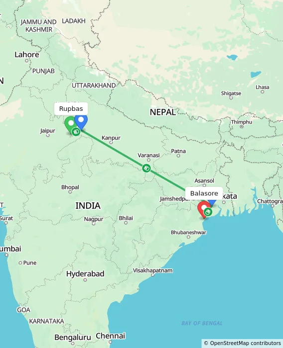 Route map showing distance and travel time from Rupbas, India to Balasore, India