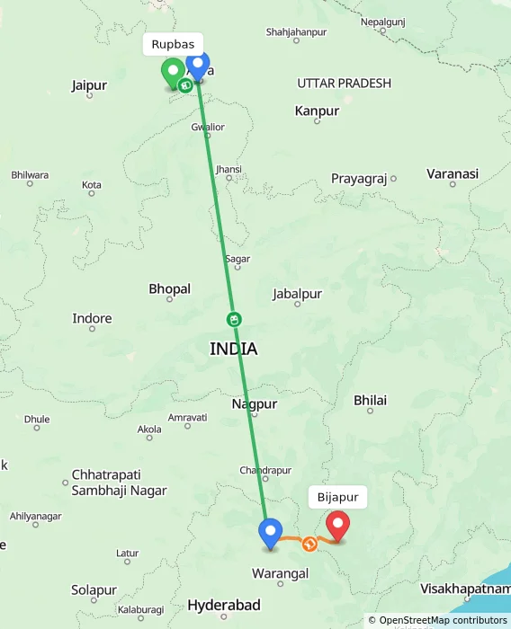 Route map showing distance and travel time from Rupbas, India to Bijapur, India