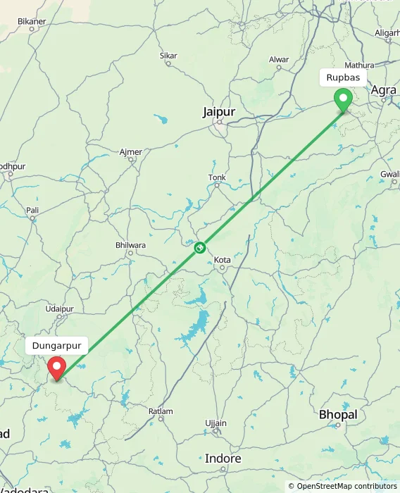 Route map showing distance and travel time from Rupbas, India to Dungarpur, India