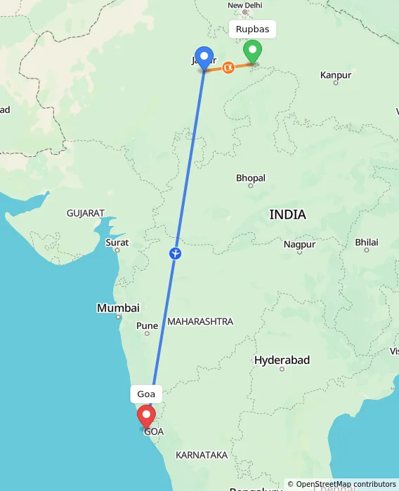 Route map showing distance and travel time from Rupbas, India to Goa, India