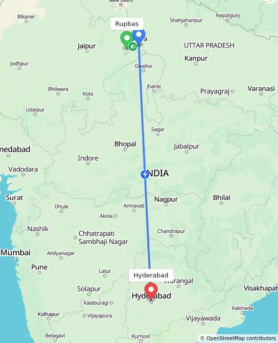 Route map showing distance and travel time from Rupbas, India to Hyderabad, India